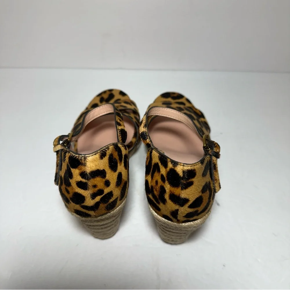 New J. CREW Leopard Print Calf Hair Tan Black Wedge Espadrille Sandals Size 9.5